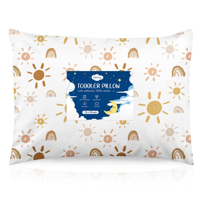 Babebay Toddler Pillow,13X18 Toddler Pillows for Sleeping, Machine Washable Kids Pillow with Pillowcase, Perfect for Travel, Toddlers Cot (Sunshine Rainbow) - Image 1